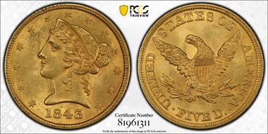 1843 $5 MS64