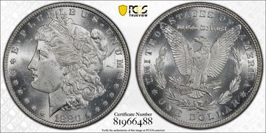 1880-O $1 VAM 6, 8/7 Ear MS64+