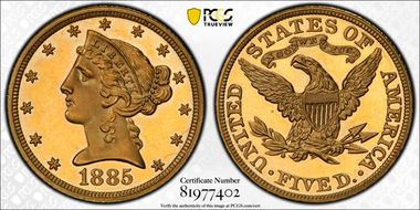 1885 $5 PR65DCAM