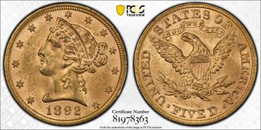 1892 $5 MS64