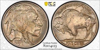 1937-D 5C 3 Legs AU58