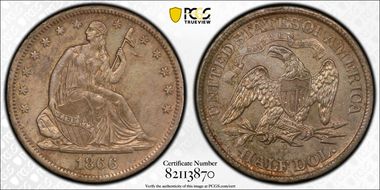 1866-S 50C WB-9 Motto MPD Small S AU53