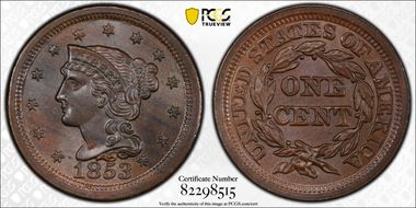 1853 1C Newcomb 3 MS65+ BN