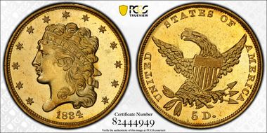 1834 $5 Classic Head, Plain 4 MS65+
