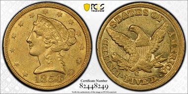 1854-C $5 AU58
