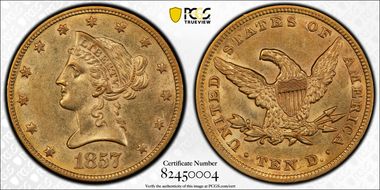 1857 $10 AU58+