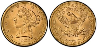 1908 $5 Liberty MS67+