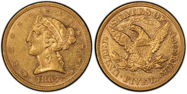 1867 $5 AU58
