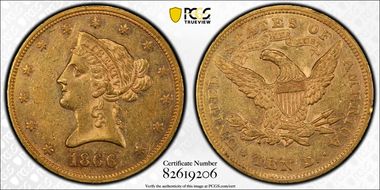 1866 $10 Motto AU58