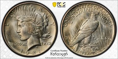 1921 $1 High Relief, Peace MS66+