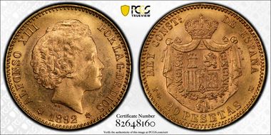 1892-PG M 20 Pta (1892) MS63