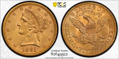 1891 $5 MS64+