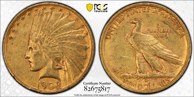 1908 $10 No Motto AU55