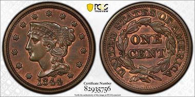 1844 1C Newcomb 7 MS62BN