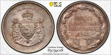 1907 2 Kr Independence KM-365  Ag AU55