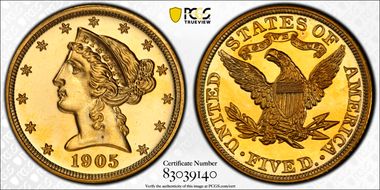 1905 $5 PR65CAM
