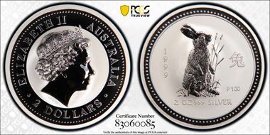 1999-P $2 Year of the Rabbit 2oz Ag MS69