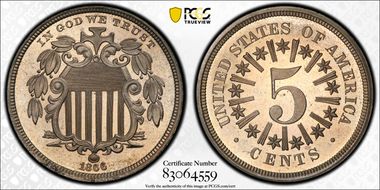 1866 5C Rays PR67CAM