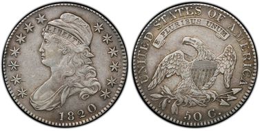 1820 50C Curl Base 2, Small Date XF40