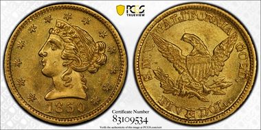 1850 $5 Moffat & Co. MS63