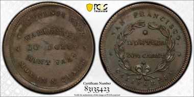 (1849) DT$10 Moran & Clark Copper Die Trial AU53BN