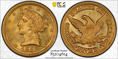 1853-D $5 Large D MS64