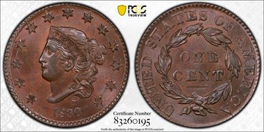 1830 1C N-2, Large Letters MS64+ BN