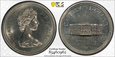 1973 $1 PEI Centennial w/die crack linking beads MS65