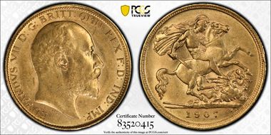 1907-M 1/2 Sov S-3975 AU55