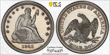 1842 25C Small Date PR63CAM