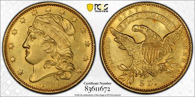 1834 $5 Capped Bust, Crosslet 4 MS63