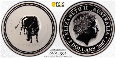2007 $2 Year of the Ox 2009 2oz Ag MS69