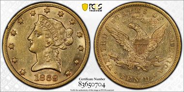 1869-S $10 AU58
