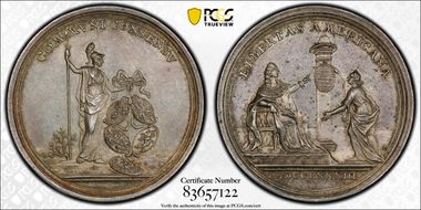 1783 AR Medal Betts-608, Peace of Versailles MS61