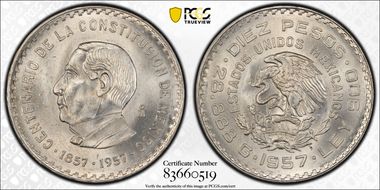 1957-Mo 10 Peso Constitution KM-475  Ag MS65