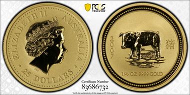 2007 $25 KM-1893 Year of the Pig  1/4oz Au MS69