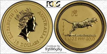 1998 $15 Year of the Tiger  1/10oz Au MS69