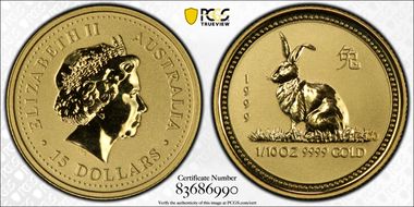 1999 $15 Year of the Rabbit 1/10oz Au MS66