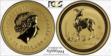 2003 $15 Year of the Goat  1/10oz Au MS69