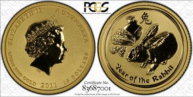 2011-P $15 Year of the Rabbit  1/10oz Au MS69