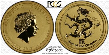 2012-P $15 Year of the Dragon  1/10oz Au MS70
