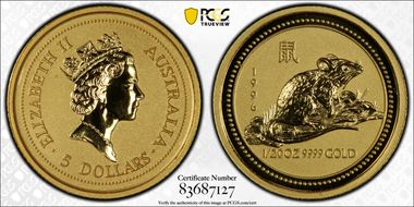 1996 $5 Year of the Rat 1/20oz Au MS69
