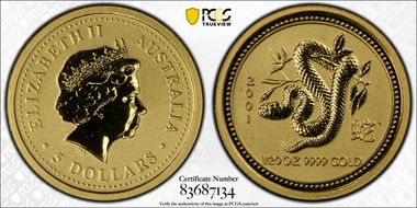 2001 $5 Year of the Snake  1/20oz Au MS69