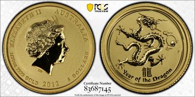2012-P $5 Year of the Dragon    1/20oz Au MS69