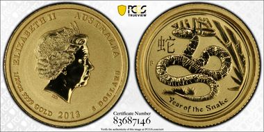 2013-P $5 Year of the Snake  1/20oz Au MS69