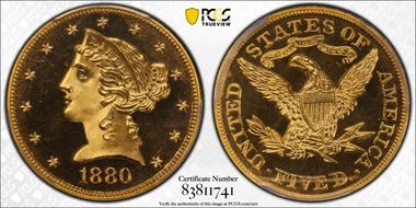 1880 $5 PR66DCAM