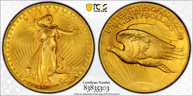 1907 $20 High Relief, Wire Edge MS65