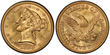 1855 $5 MS64+