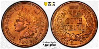 1864 1C L on Ribbon MS66RD