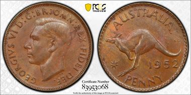1952 A. (p) 1D Melbourne reverse Misaligned pointed 2 AU58BN
